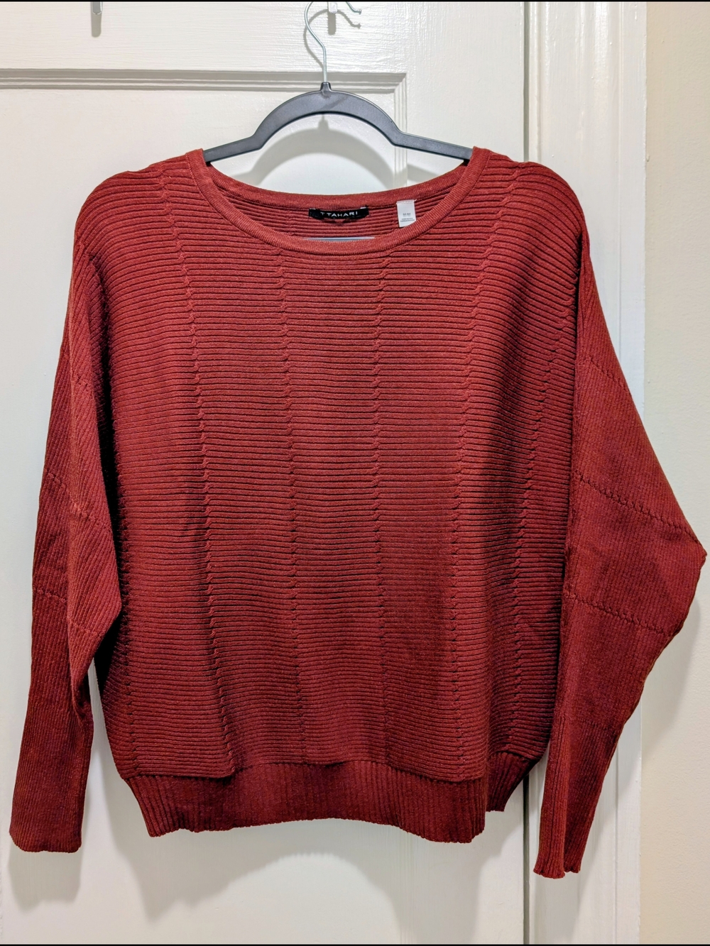 Tahari Ribbed Crewneck Sweater in Rust With Dolman Sleeves